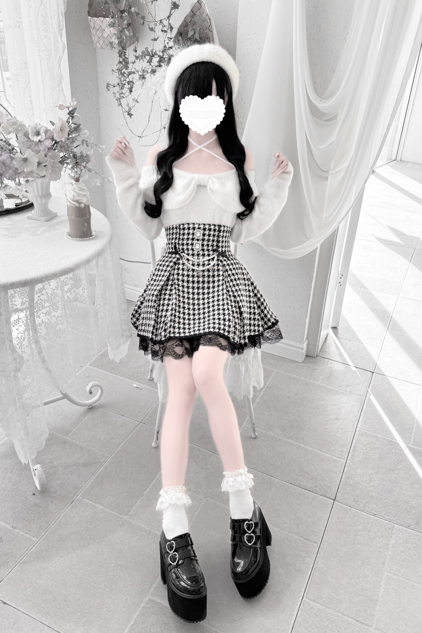 Ribbon mink velvet off-the-shoulder sweater