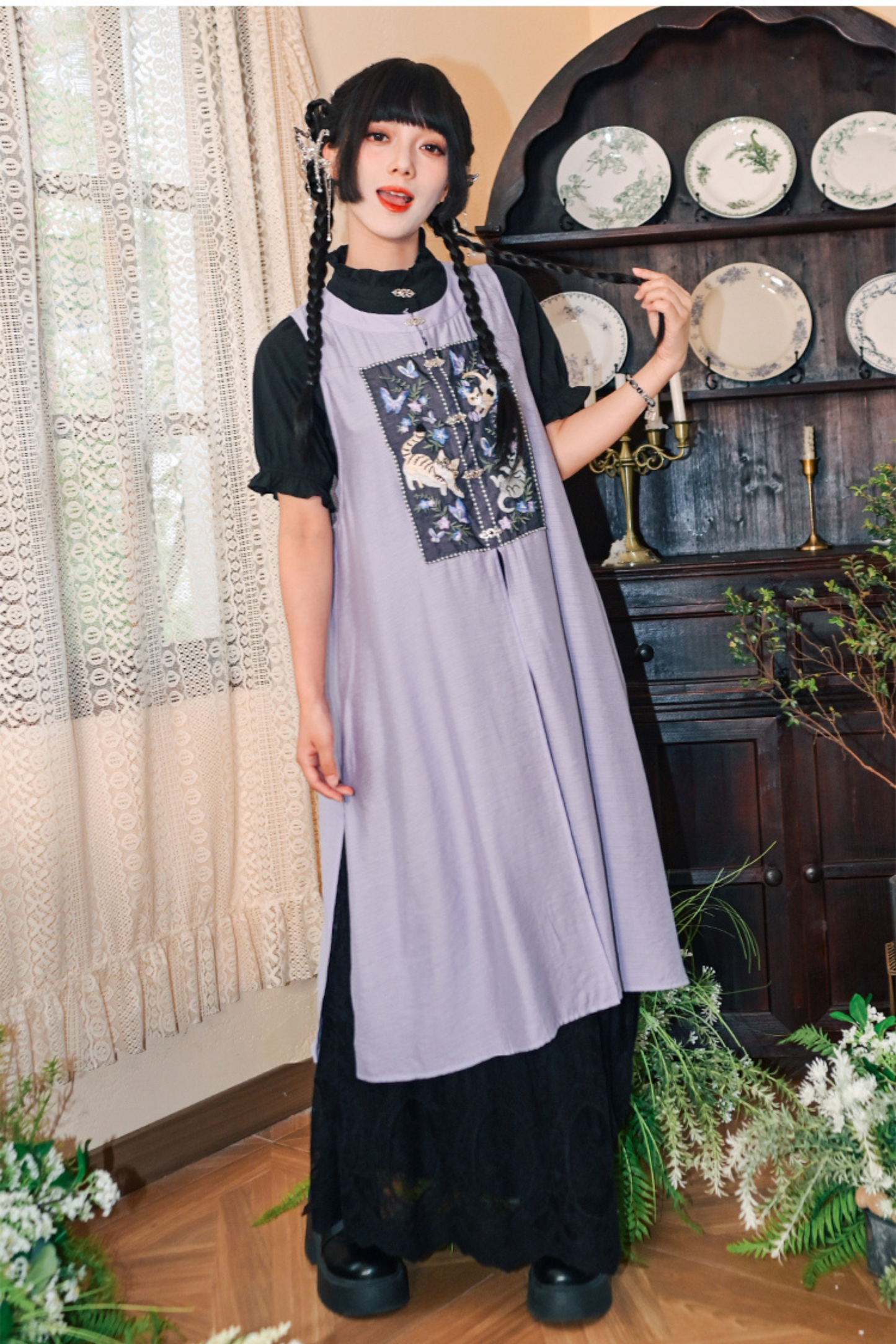 チャイナガーリーノースリーブサンドレスパッチワンピース