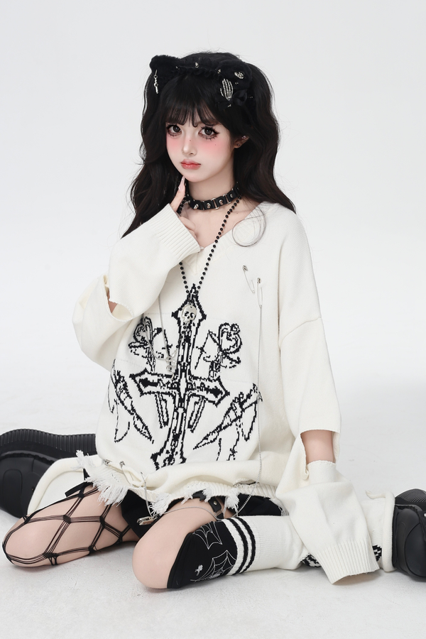 ゴシックライトアジアンVネックニッチルーズセーター