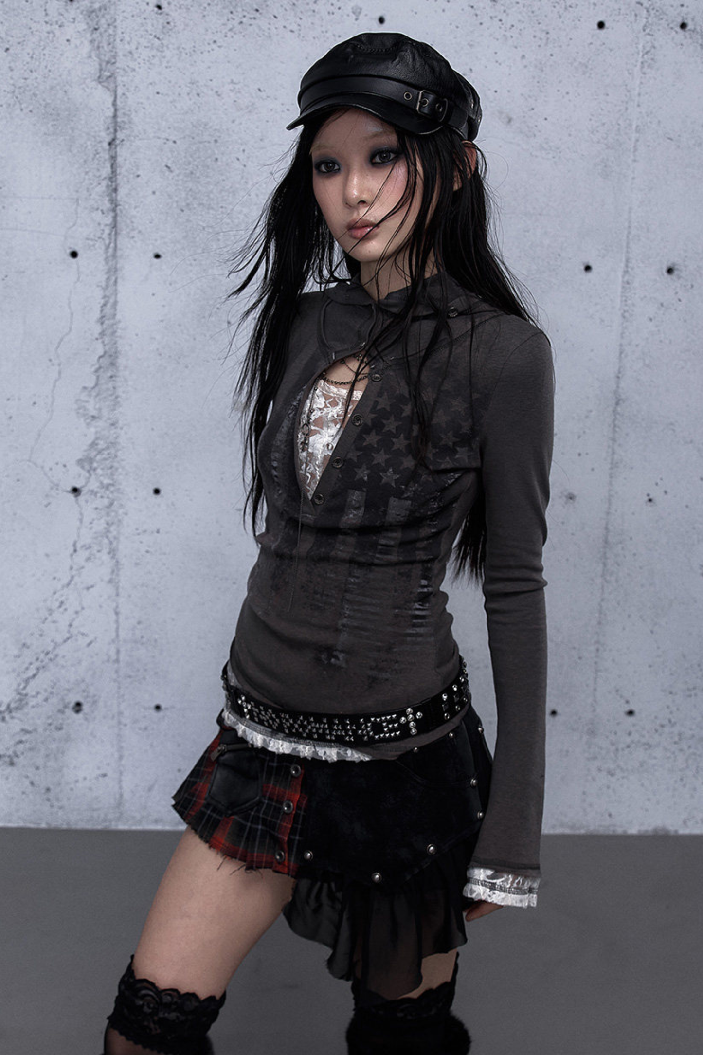 레이스 패치워크 타이트 후드 파커