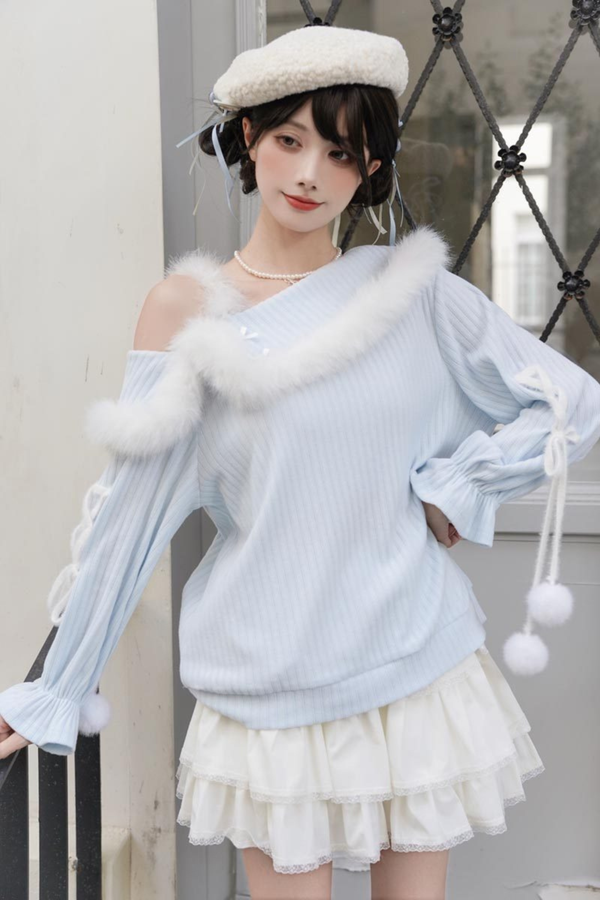 スイートブルーオフショルダーニットトップス