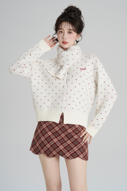 フレンチスタイルドットマフラー付きンカーディガン