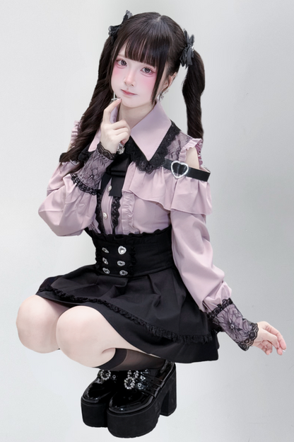 [Deadline for reservations: October 15] Open Shoulder Heart Leather Strap Ruffle Ribbon Shirt