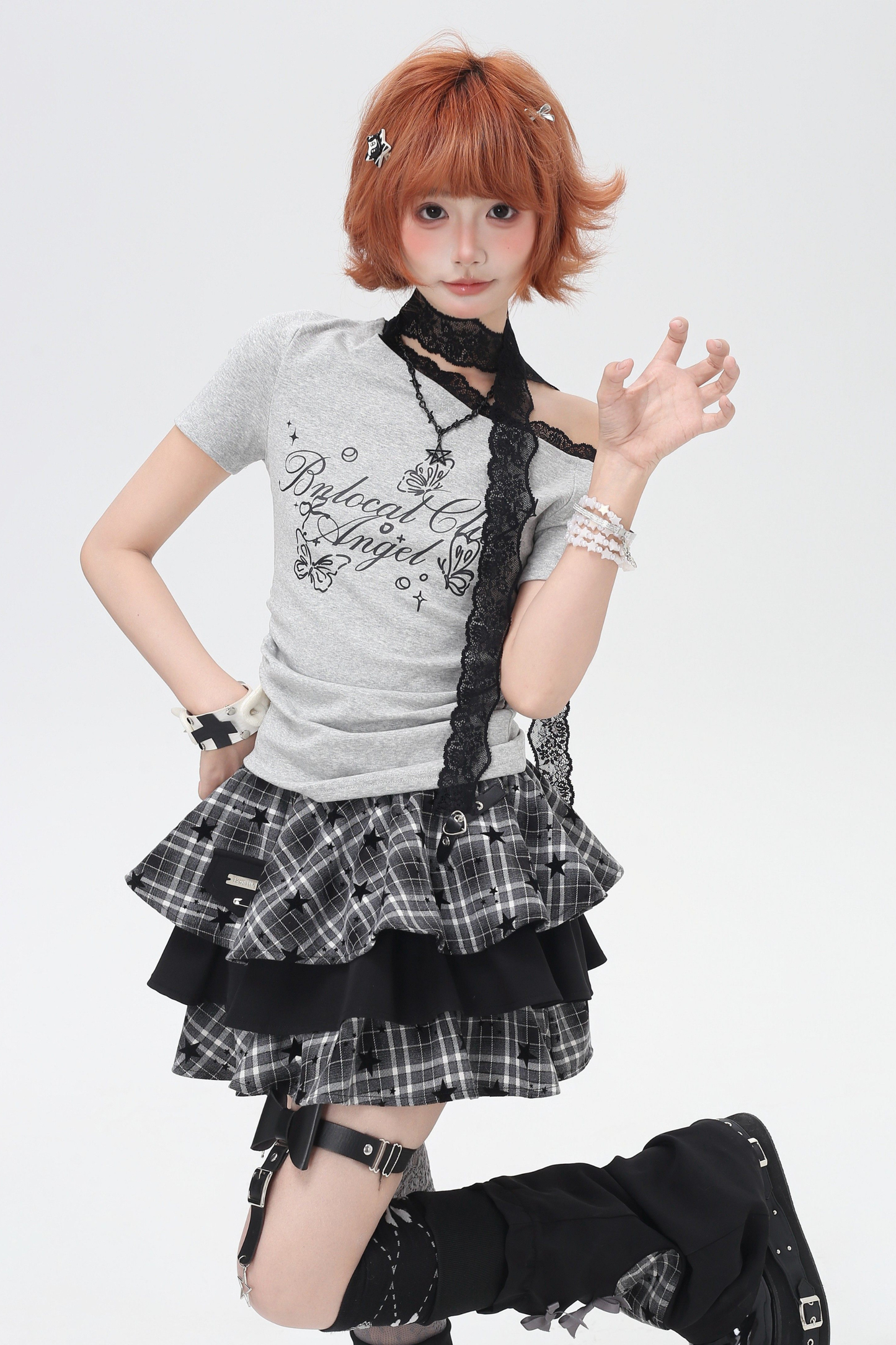 レースデザインワンショルダースリムトップス