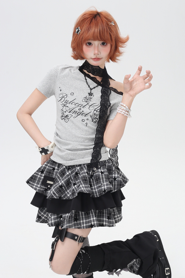 レースデザインワンショルダースリムトップス