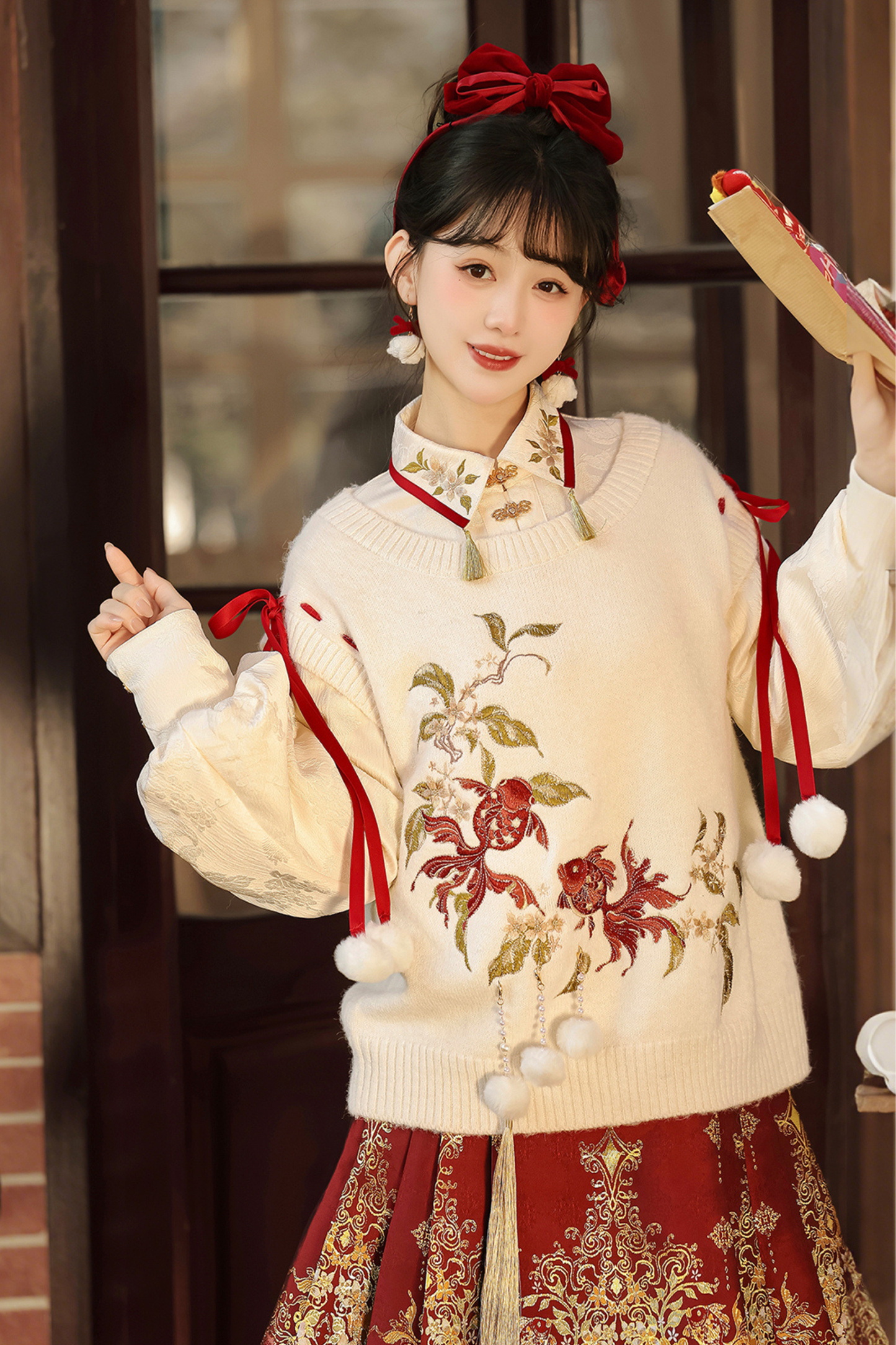 チャイナスノーニットベスト+シャツ+スカート