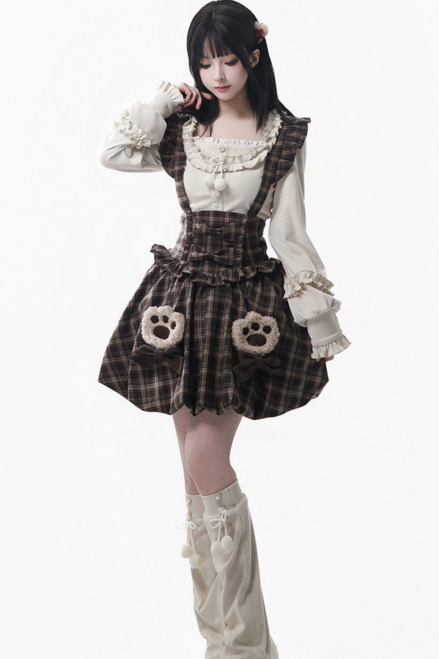 ベルベットベアフードケープ+トップス+サスペンダースカート+レッグカバー