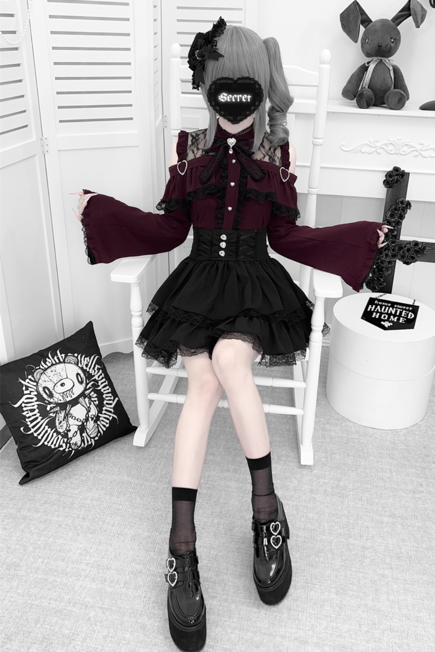 Lace off-the-shoulder shirt + lace-up skirt