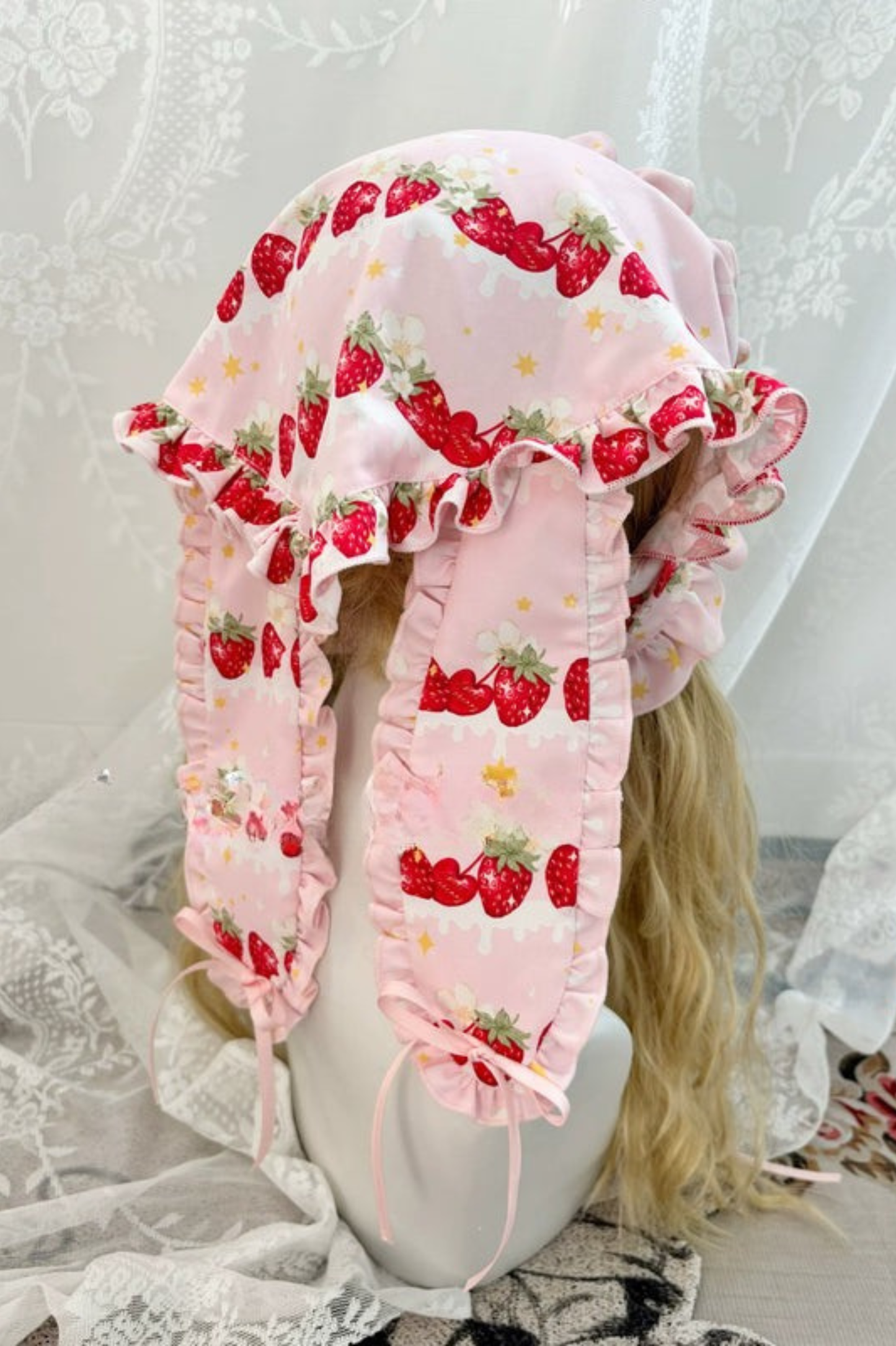 ストロベリーロリータジャンパースカート+ラビットヘアスカーフ+ビッグリボン+トップス+ハット+ボンネット