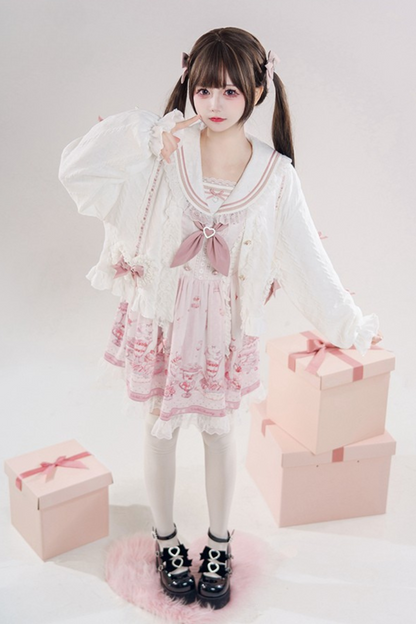 Sailor Color Sweetheart Print Dress + V-Neck Frilled Knit Cardigan