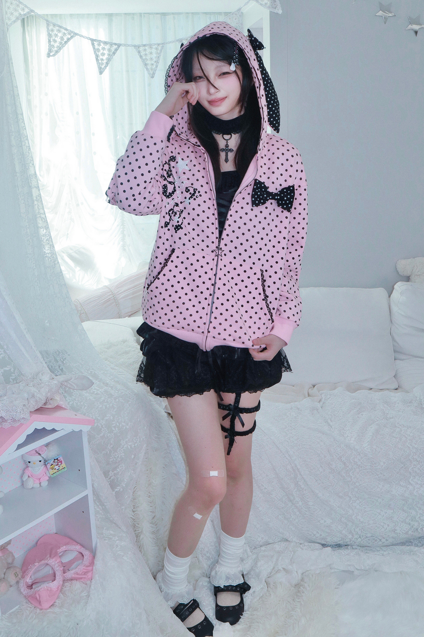 Y2Kガールドットバニーフードパーカー