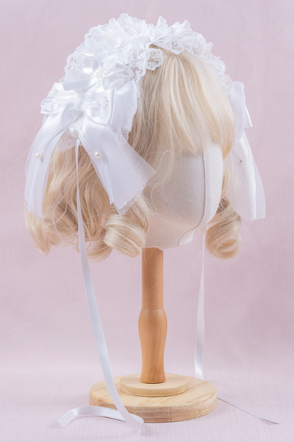 ホワイトレースブライダルスタイルボンネット+ヘアバンド+クリップ+スリーブ