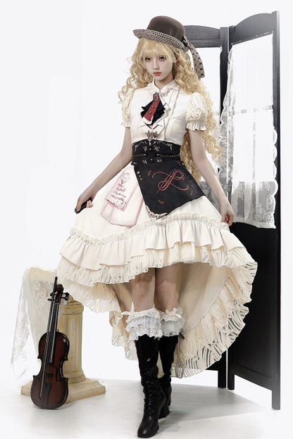 Vintage Lolita Puff Sleeve Top + Asymmetrical Skirt + Corset