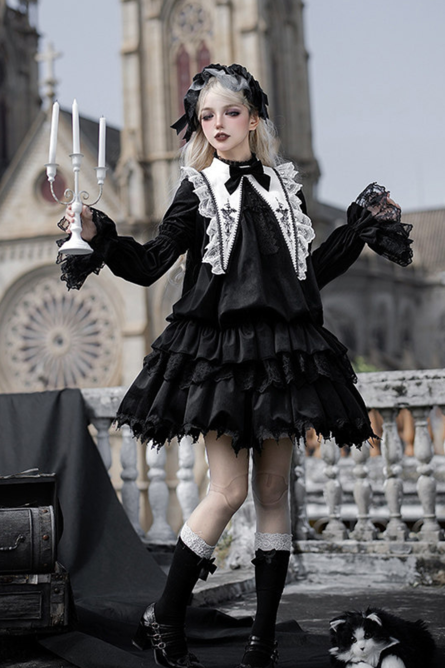 Gothic Doll Multi-Tiered Dress + Belt + Fake Collar + Hairband