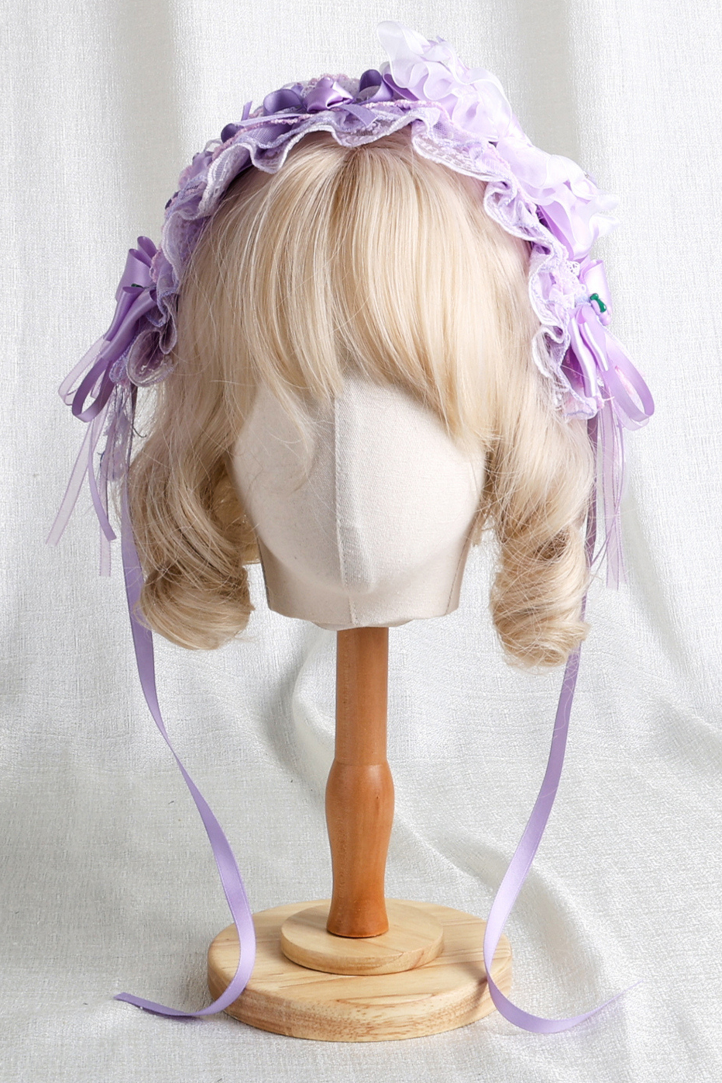 パープルブライダルリボンフラワーボンネット+ハットクリップ+ヘアバンド+リボンクリップ+スリーブ