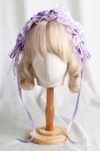 パープルブライダルリボンフラワーボンネット+ハットクリップ+ヘアバンド+リボンクリップ+スリーブ