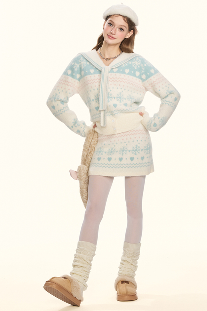 Snowflake sailor collar knit + tight skirt