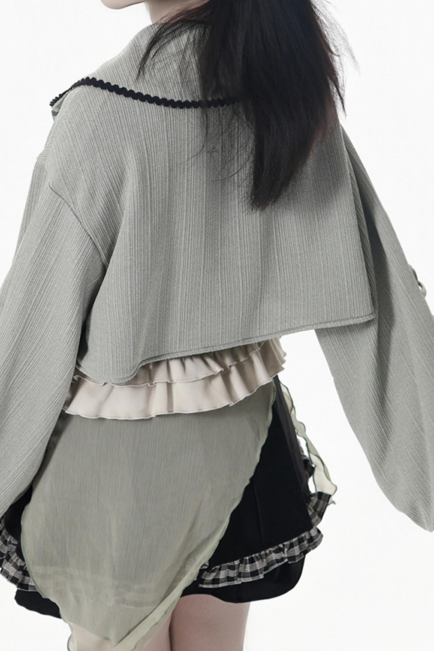 Check Ribbon Camisole Two Piece Jacket + Cape Coat + Skirt