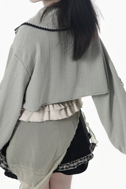 Check Ribbon Camisole Two Piece Jacket + Cape Coat + Skirt