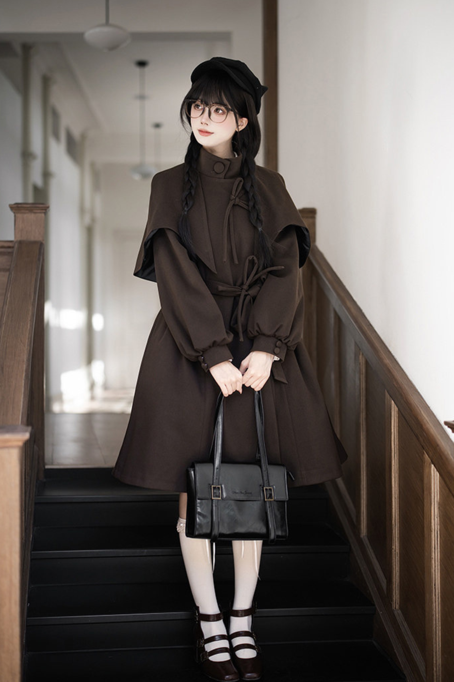 Baker Street Cloak Coat + Striped Dress + Pumpkin Pants + Hat