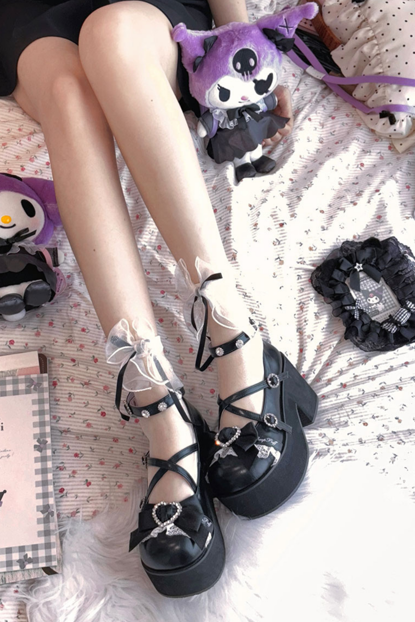 レイシープパフロリータレースラインストーンリボンフラットフォームシューズ