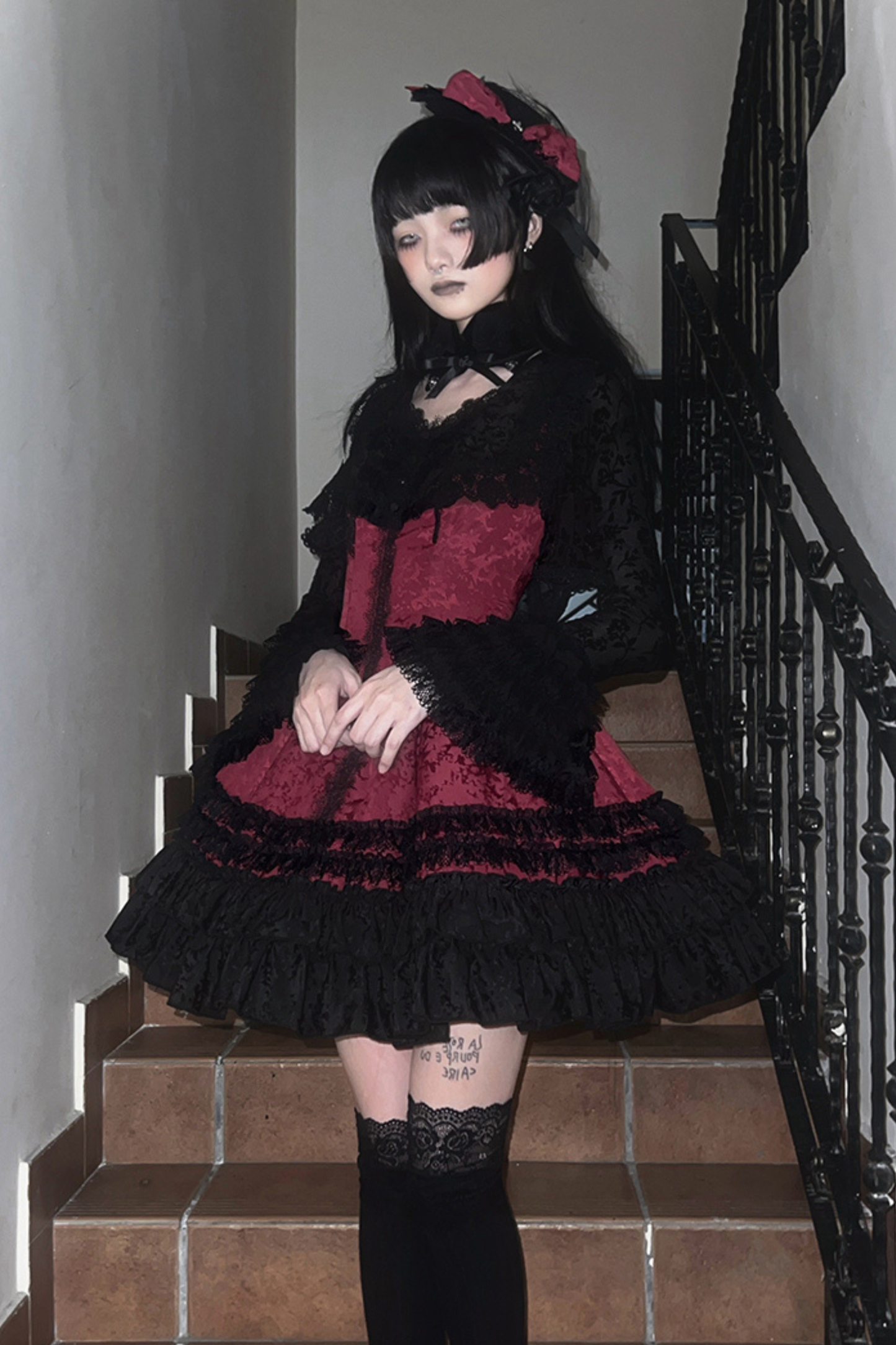 ダークテーラースリムゴシックロリータドレス+アウター