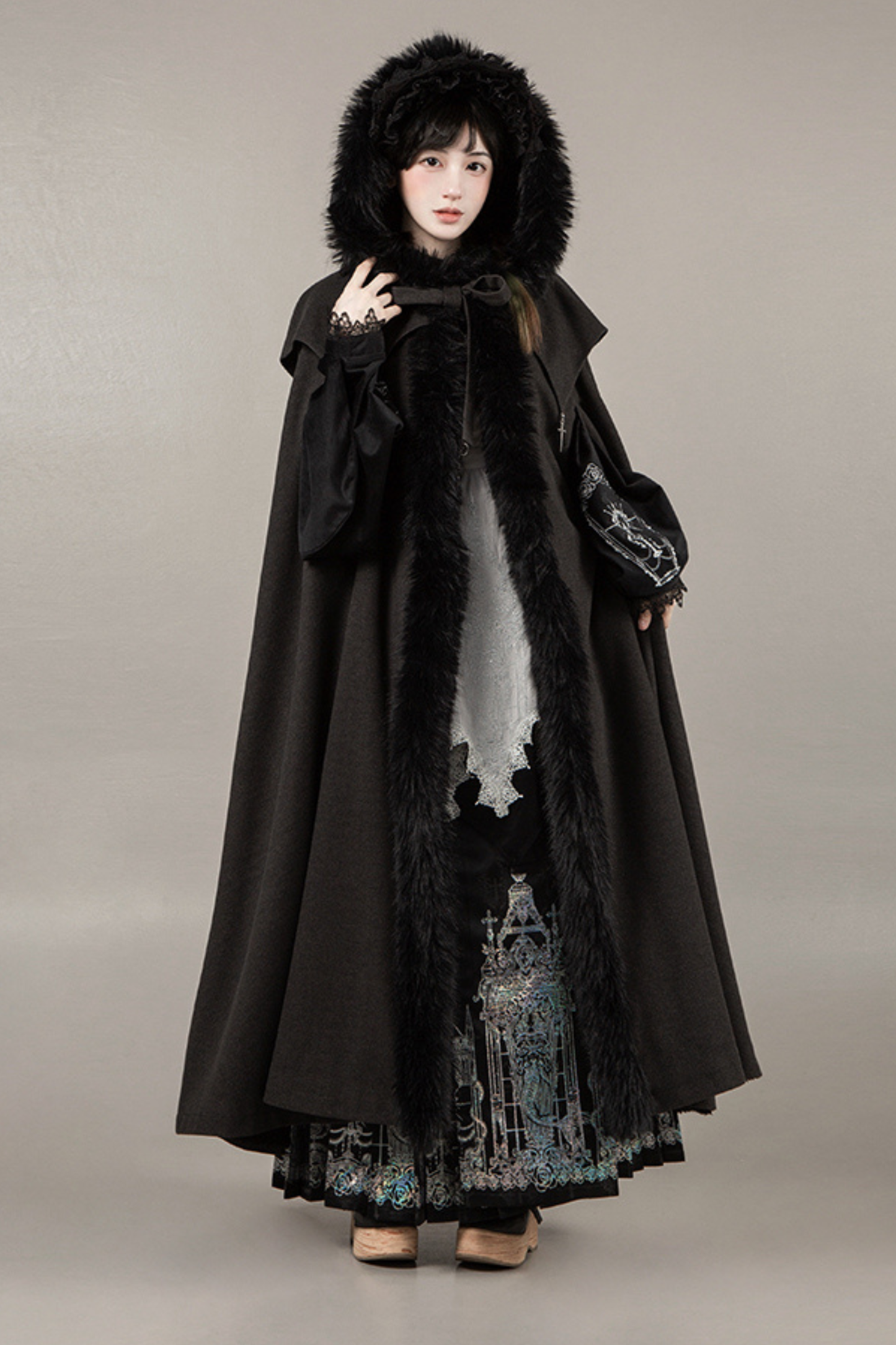 ダークゴシックフリースフードマント