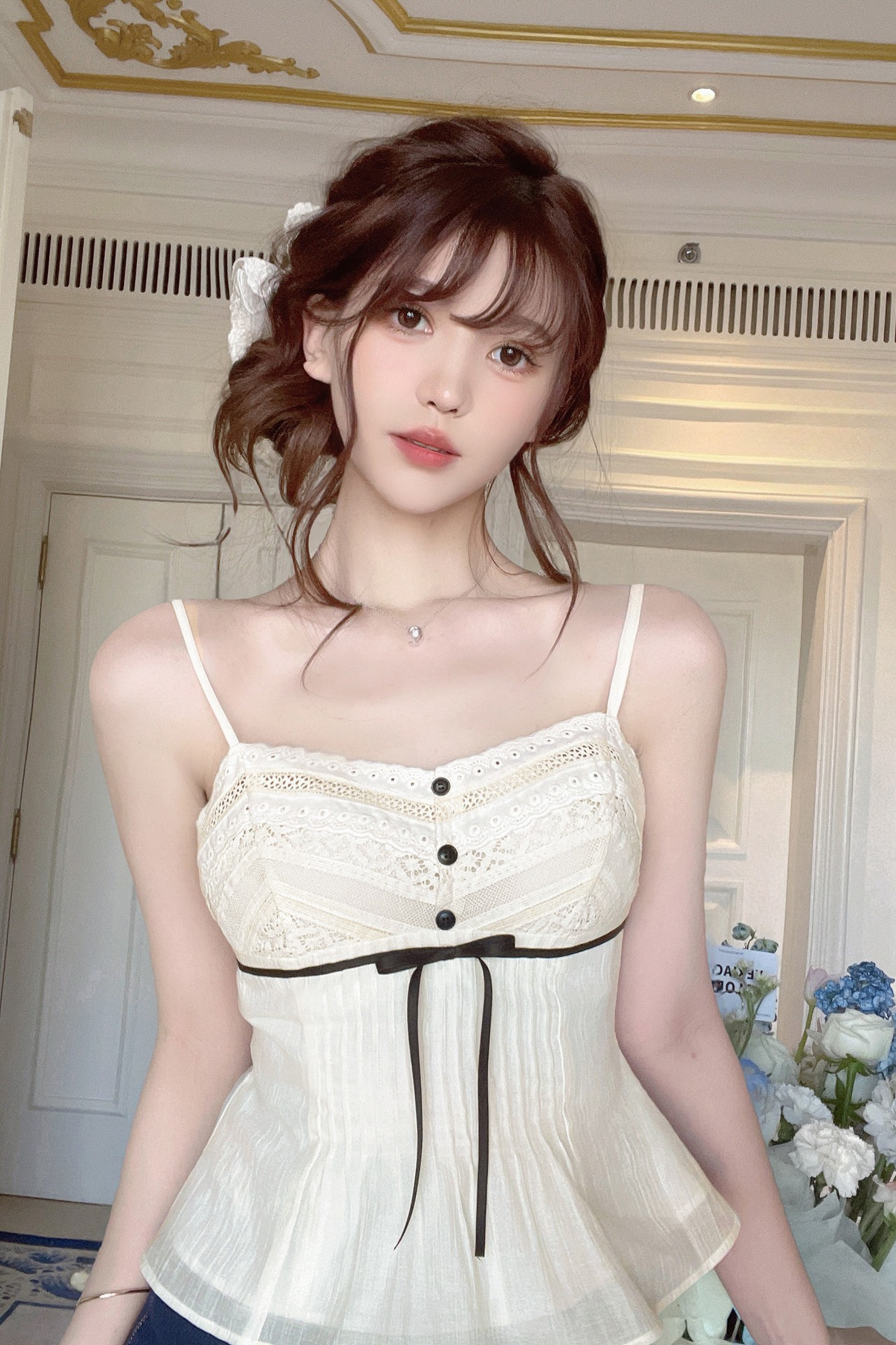 スウィートレースリボンキャミソールトップス＋ショートパンツ