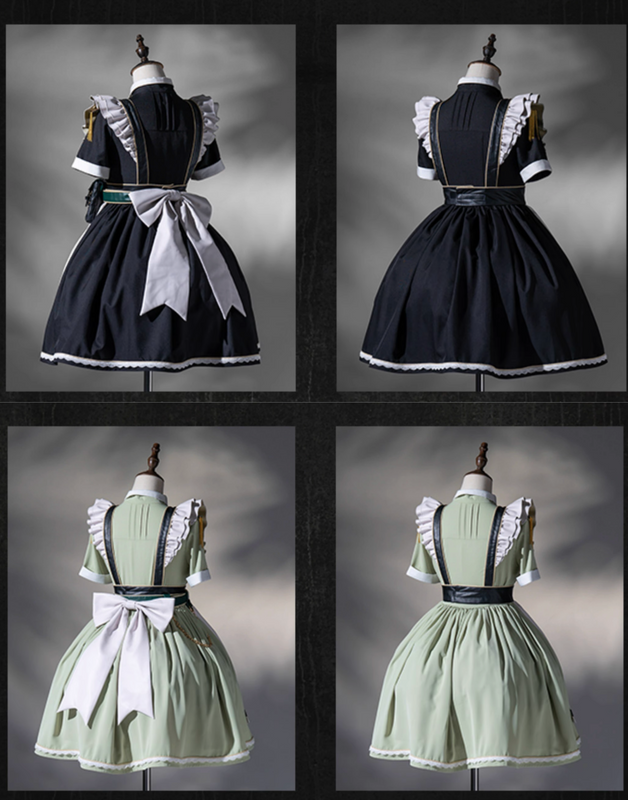 Schwarz-grünes Militär-Maid-Lolita-Kleid Komplettset