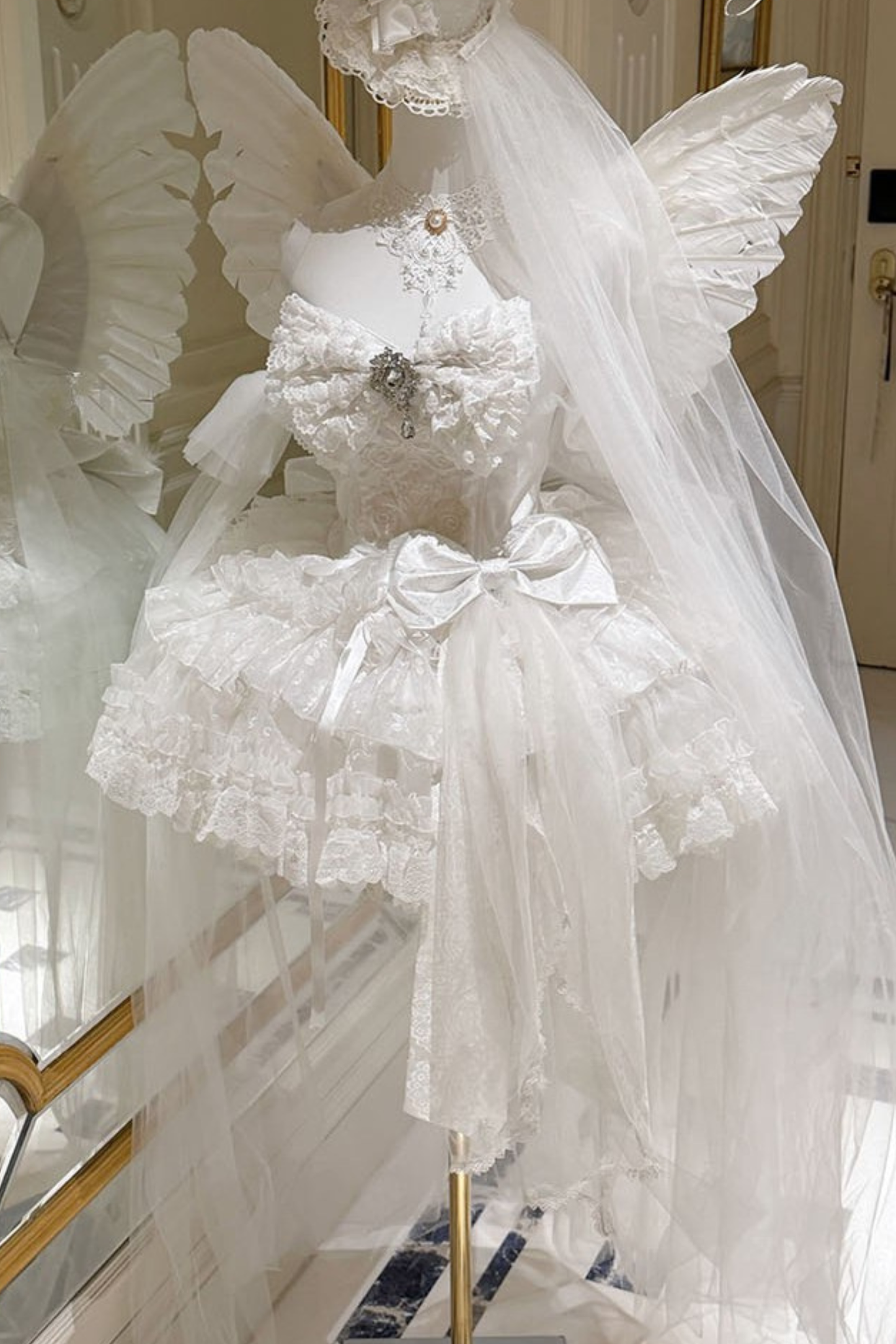 [Vorbestellung bis 4. April]Weißes Feder-Zeremonienkleid + Schal + Schwanz + Schleier + Schleife + Ärmel