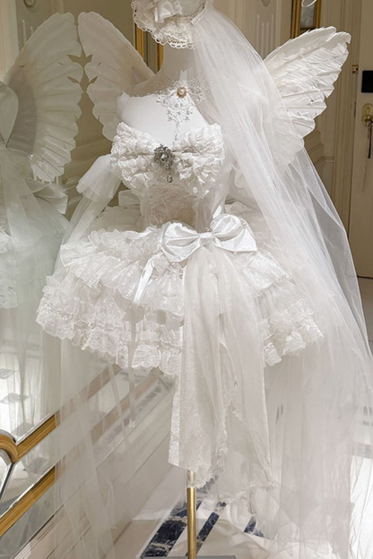 [Vorbestellung bis 4. April]Weißes Feder-Zeremonienkleid + Schal + Schwanz + Schleier + Schleife + Ärmel