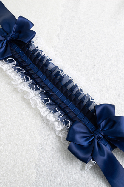 ネイビーブルーロリータボンネット+ヘアバンド+ハットクリップ+リボンクリップ