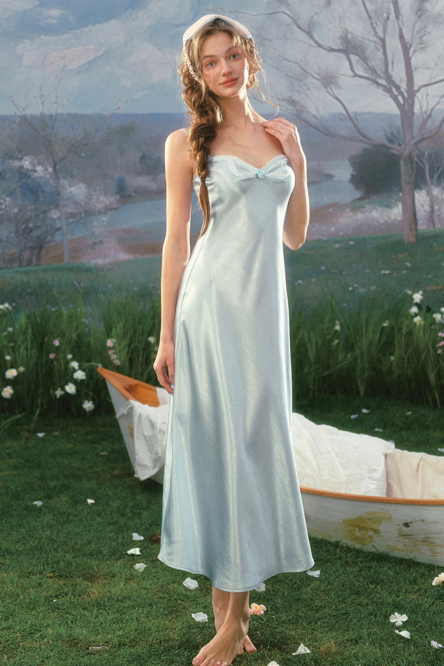 Lace Maid Blue Satin Cardigan Dress + Cardigan