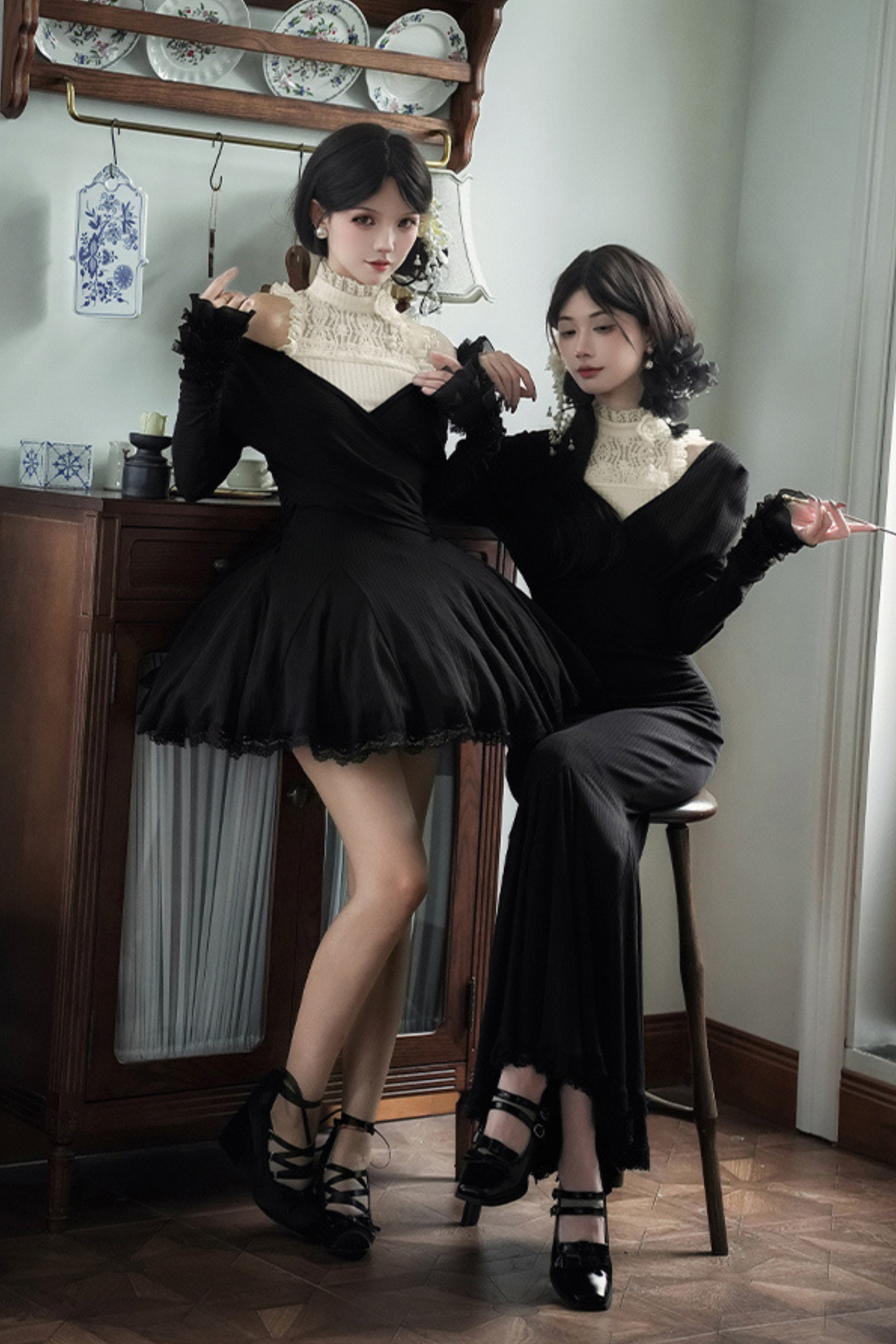 ローVネックニットストレッチスリムワンピース