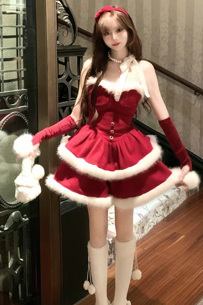 レッドベルベットケーキファーコート+サスペンダースカート+スリーブ