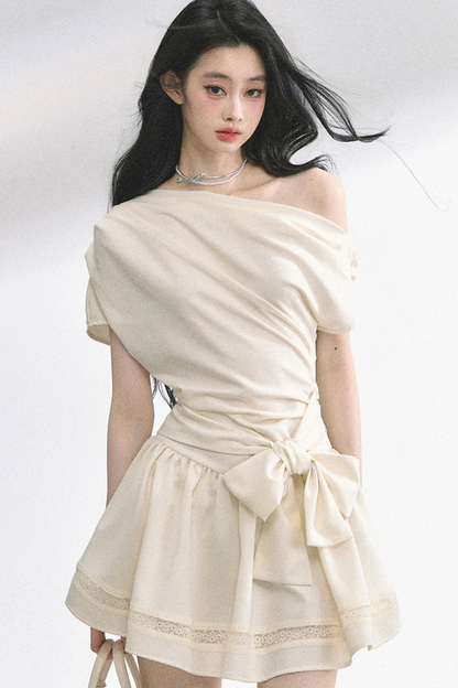 ウエストスリムパフィーオフショルダードレス