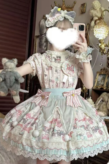 キャビネットロリータジャンパースカート+ドレス+ブローチ+ヘアバンド+ボンネット+エプロン+ハンドスリーブ