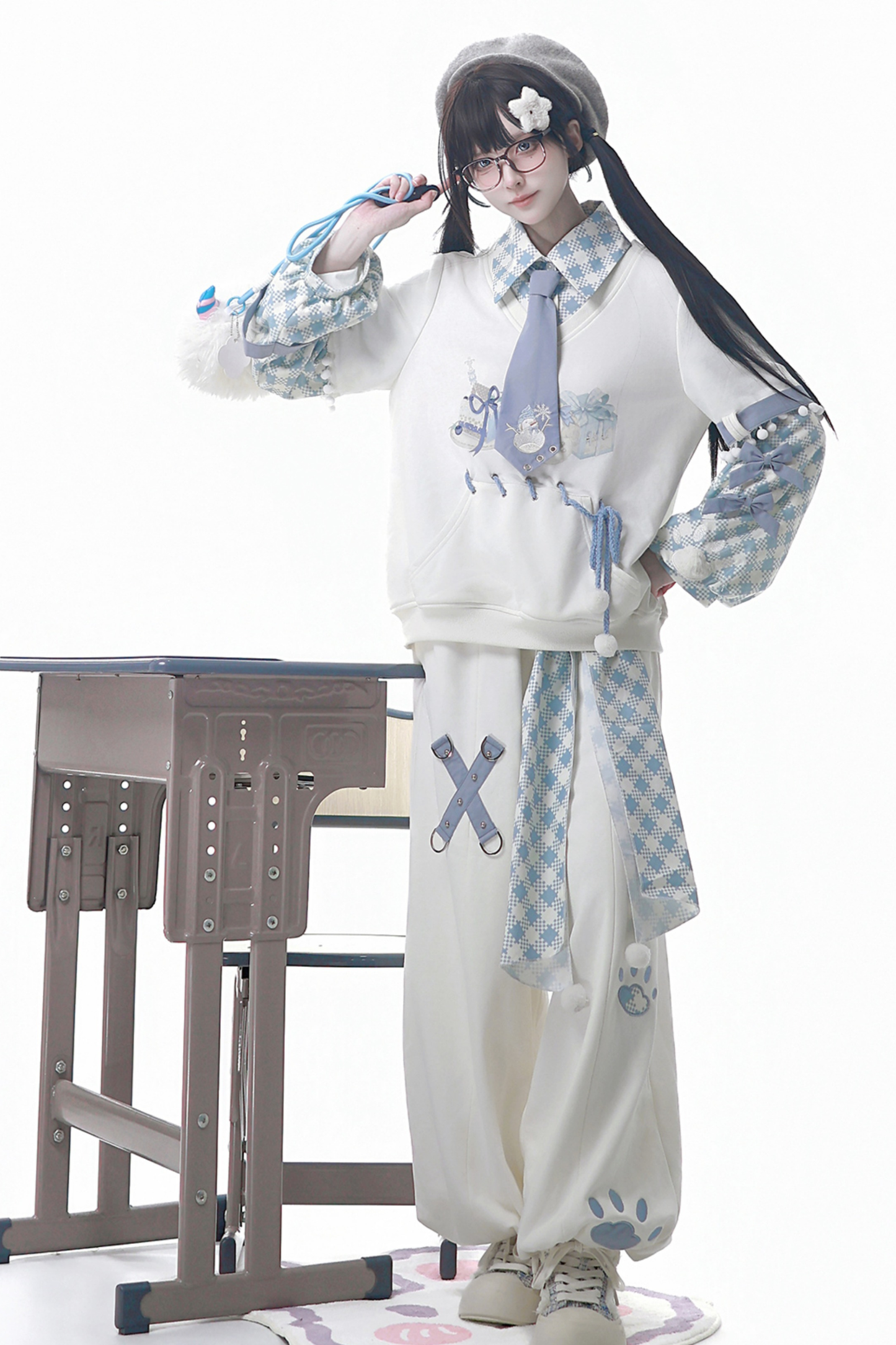 デジタルチェックトップス+ワイドパンツ+ベルト+ネクタイ