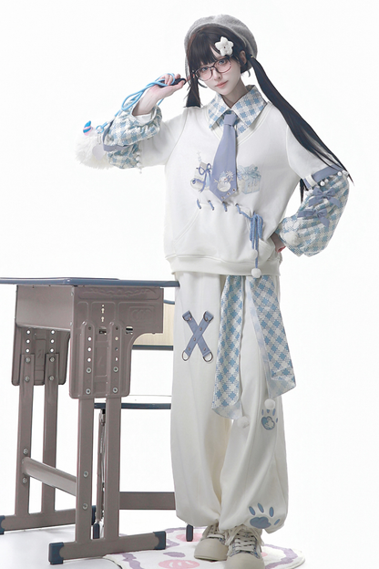 デジタルチェックトップス+ワイドパンツ+ベルト+ネクタイ