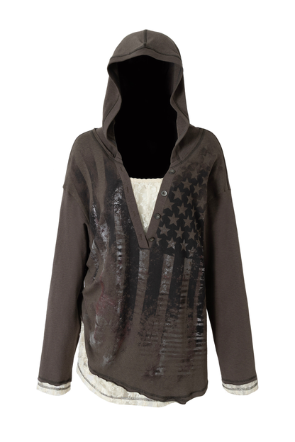 레이스 패치워크 루즈핏 후드 파카