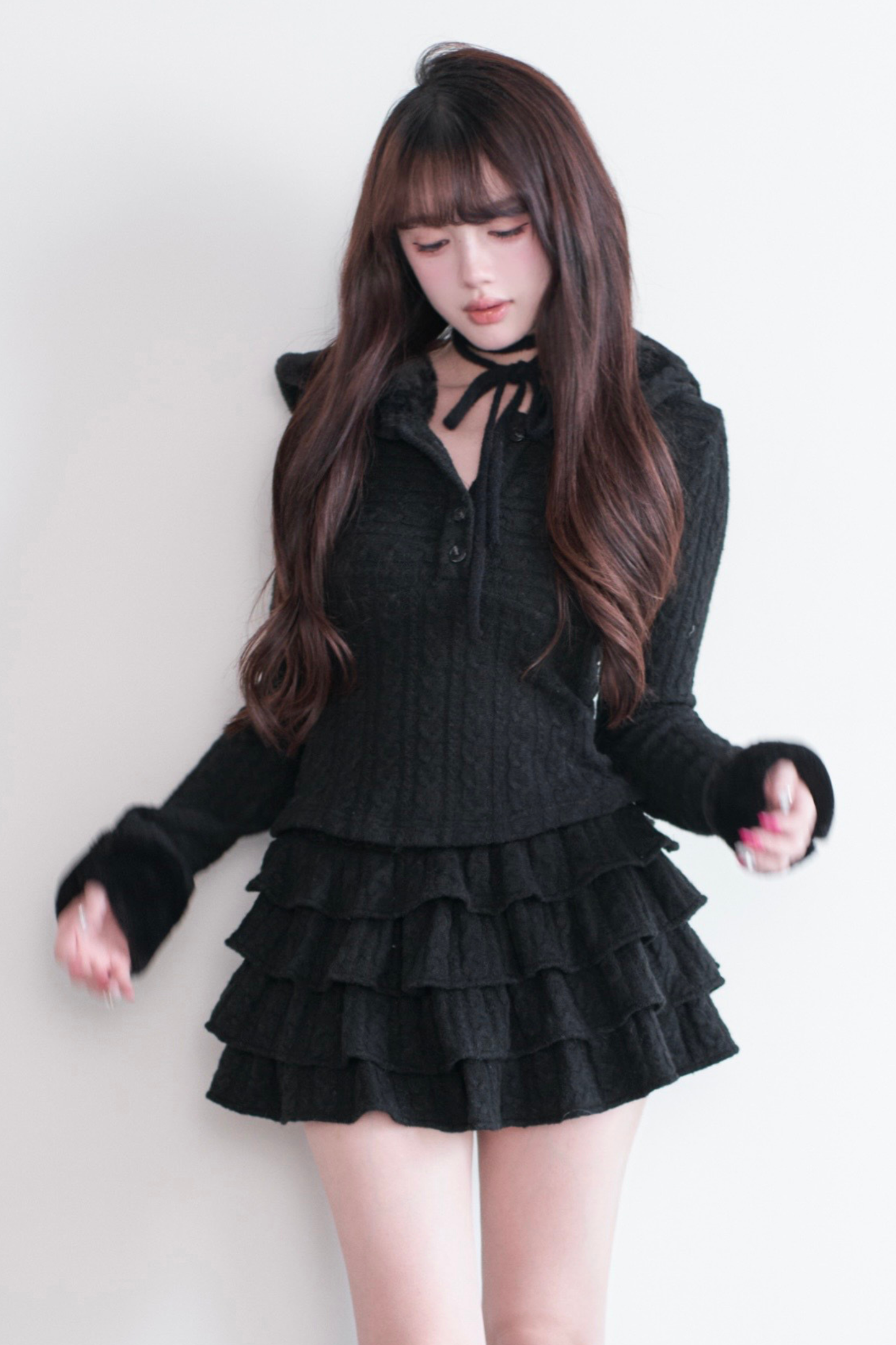 ケーブルニットトップス+ティアードスカート