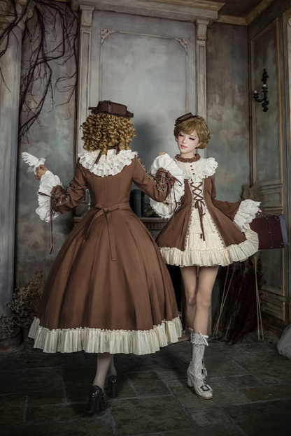 レーススタンドカラーフレアスリーブツインドールロリータドレス+カラー+ハット