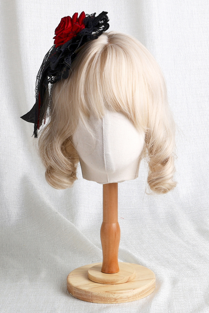 Dark Frilled Lolita Hairband + Flat Hat + Hat Clip + Ribbon Clip + Sleeve