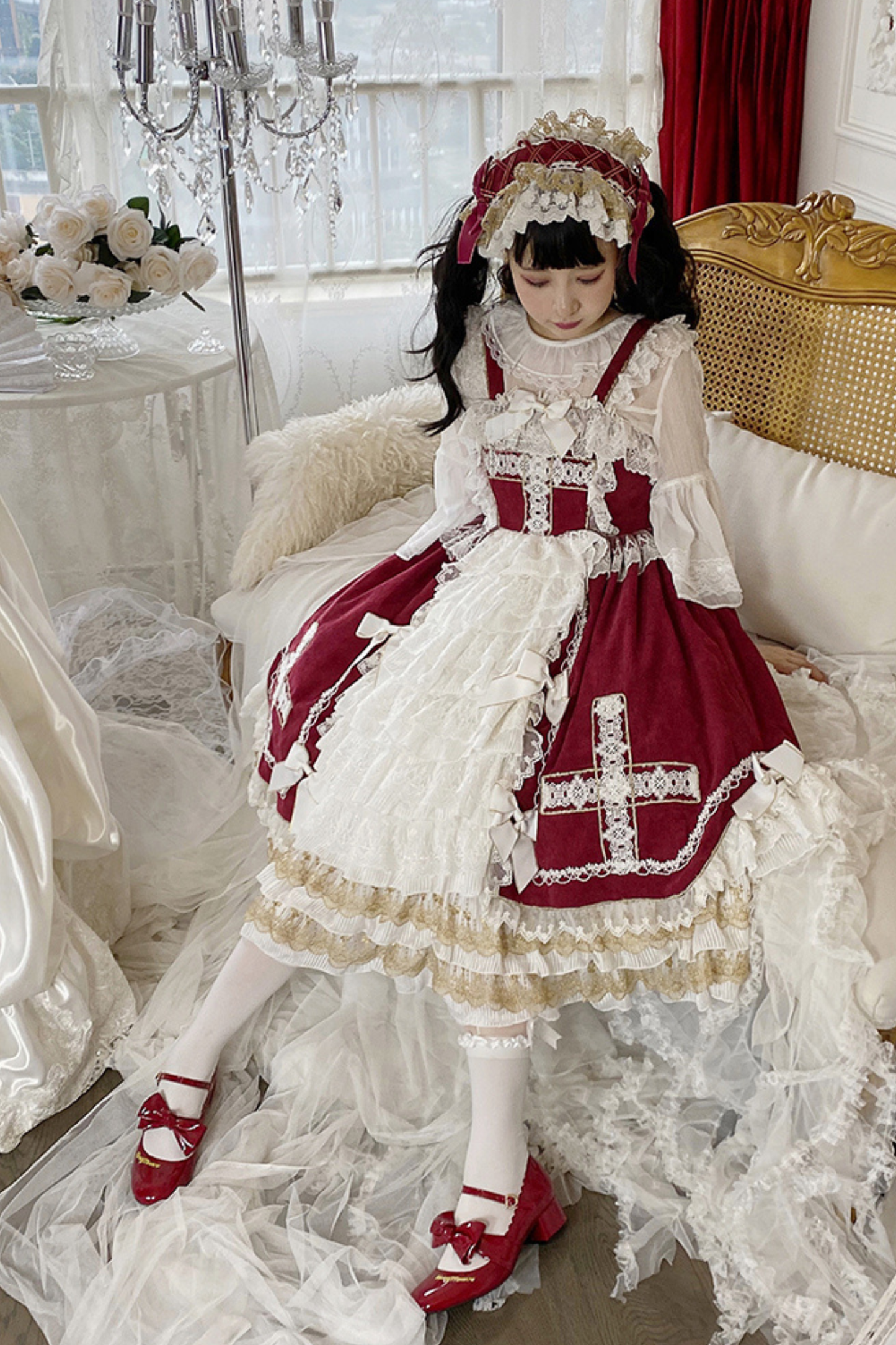 ゴシックドールレースジャンパースカート+ベイビーキャップ+ヘアバンド+ショール