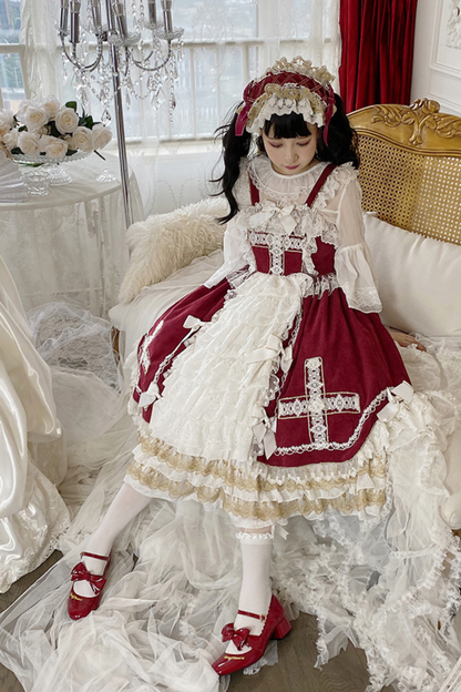 ゴシックドールレースジャンパースカート+ベイビーキャップ+ヘアバンド+ショール