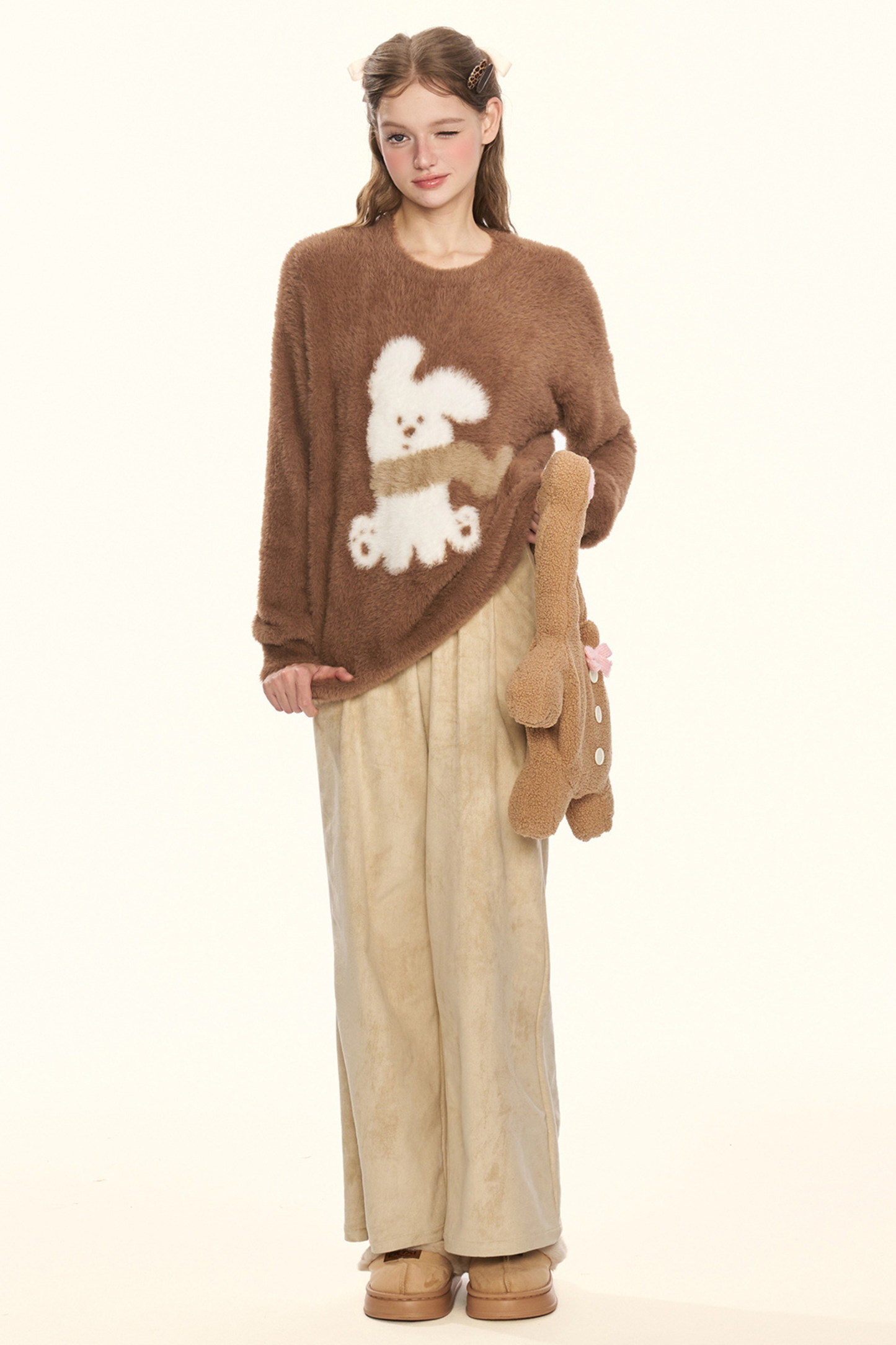 ストレートスエードパンツ+ファーベルト