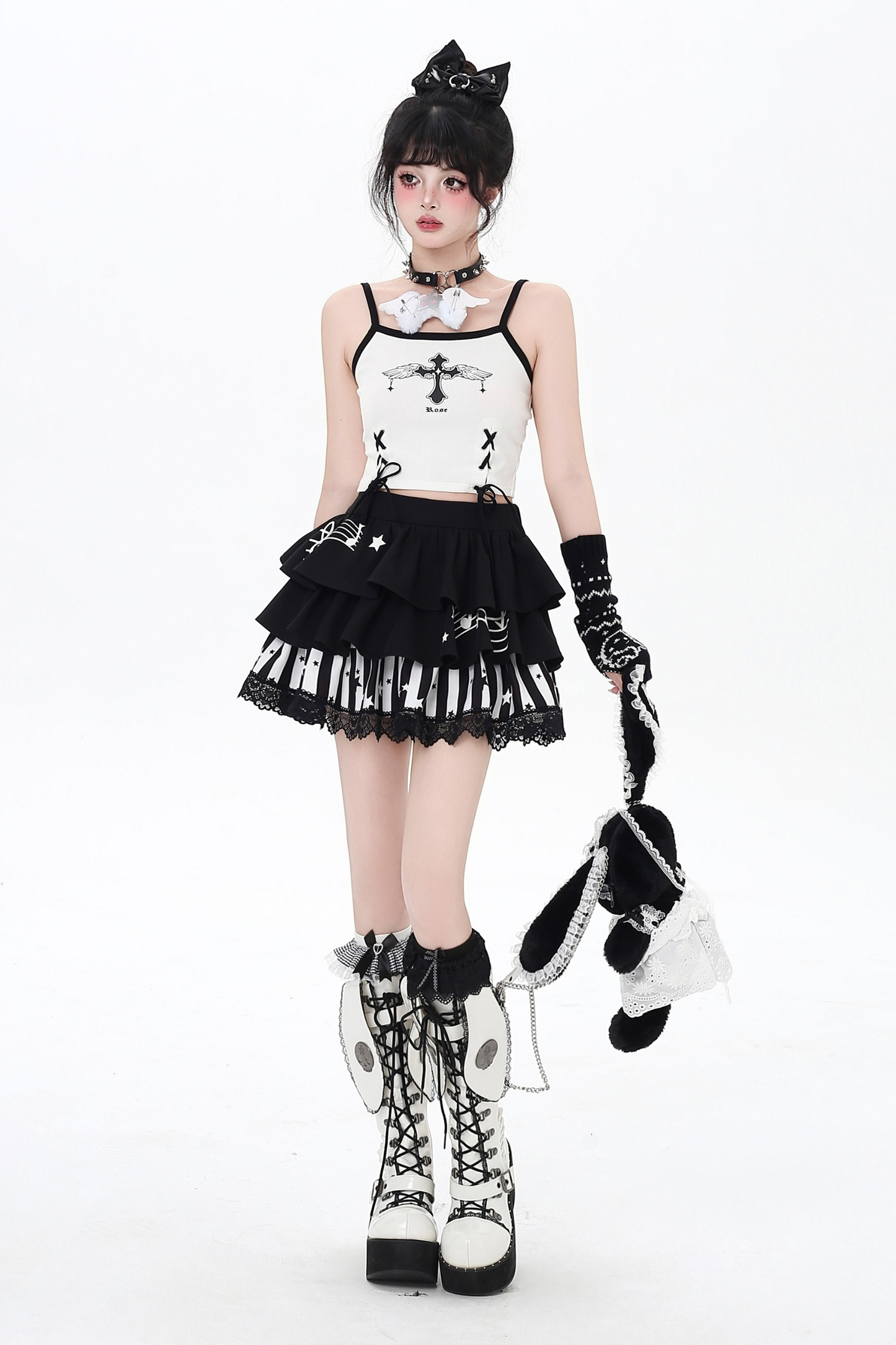 モノクロレースケーキスカート