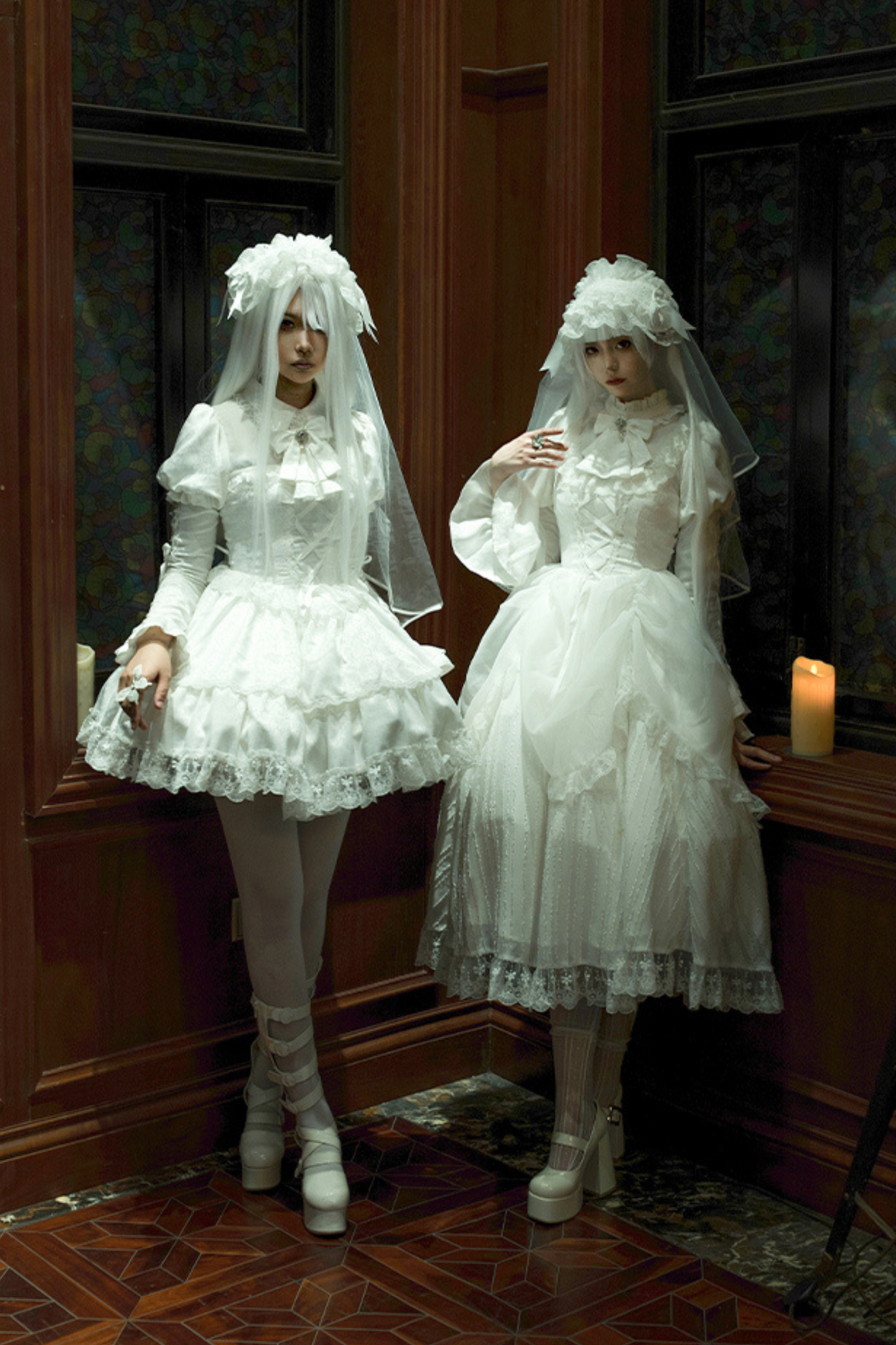 White gothic gemini Lolita dress + corset + ribbon + hair band + veil
