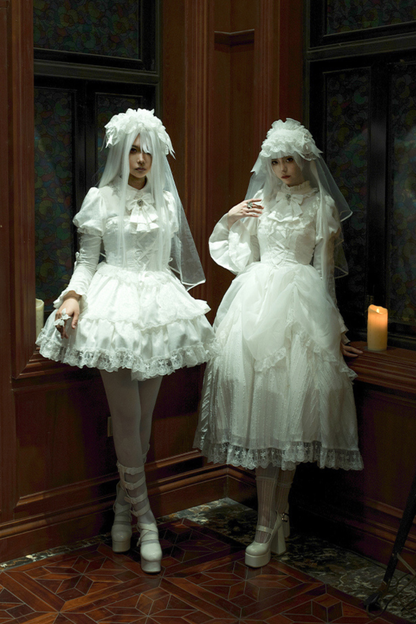 White gothic gemini Lolita dress + corset + ribbon + hair band + veil