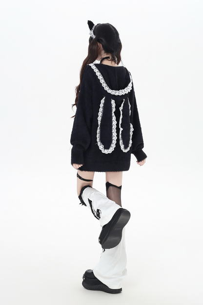 Lace hooded cardigan with rabbit ears